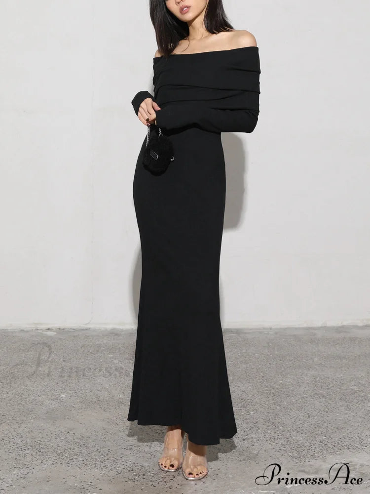 Charcoal Off Shoulder Overfold Modern Long Sleeve Long Dress image 5