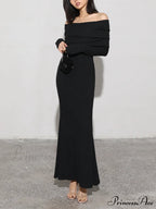 Charcoal Off Shoulder Overfold Modern Long Sleeve Long Dress image 5