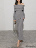 Charcoal Off Shoulder Overfold Modern Long Sleeve Long Dress image 1