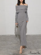 Charcoal Off Shoulder Overfold Modern Long Sleeve Long Dress image 1
