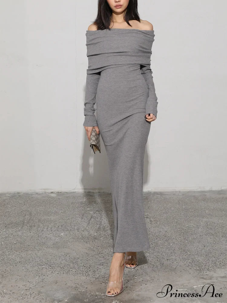 Charcoal Off Shoulder Overfold Modern Long Sleeve Long Dress image 1