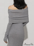 Charcoal Off Shoulder Overfold Modern Long Sleeve Long Dress image 2