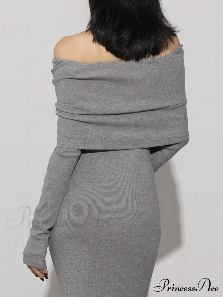 Charcoal Off Shoulder Overfold Modern Long Sleeve Long Dress image 2