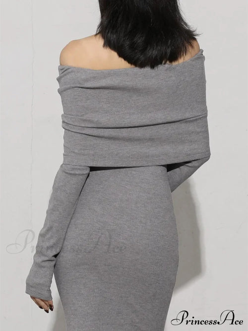 Charcoal Off Shoulder Overfold Modern Long Sleeve Long Dress image 2