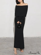 Charcoal Off Shoulder Overfold Modern Long Sleeve Long Dress image 8