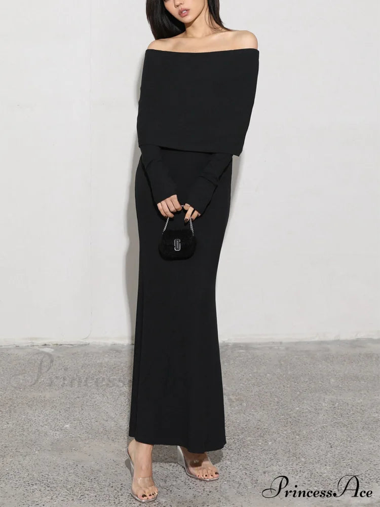 Charcoal Off Shoulder Overfold Modern Long Sleeve Long Dress image 8