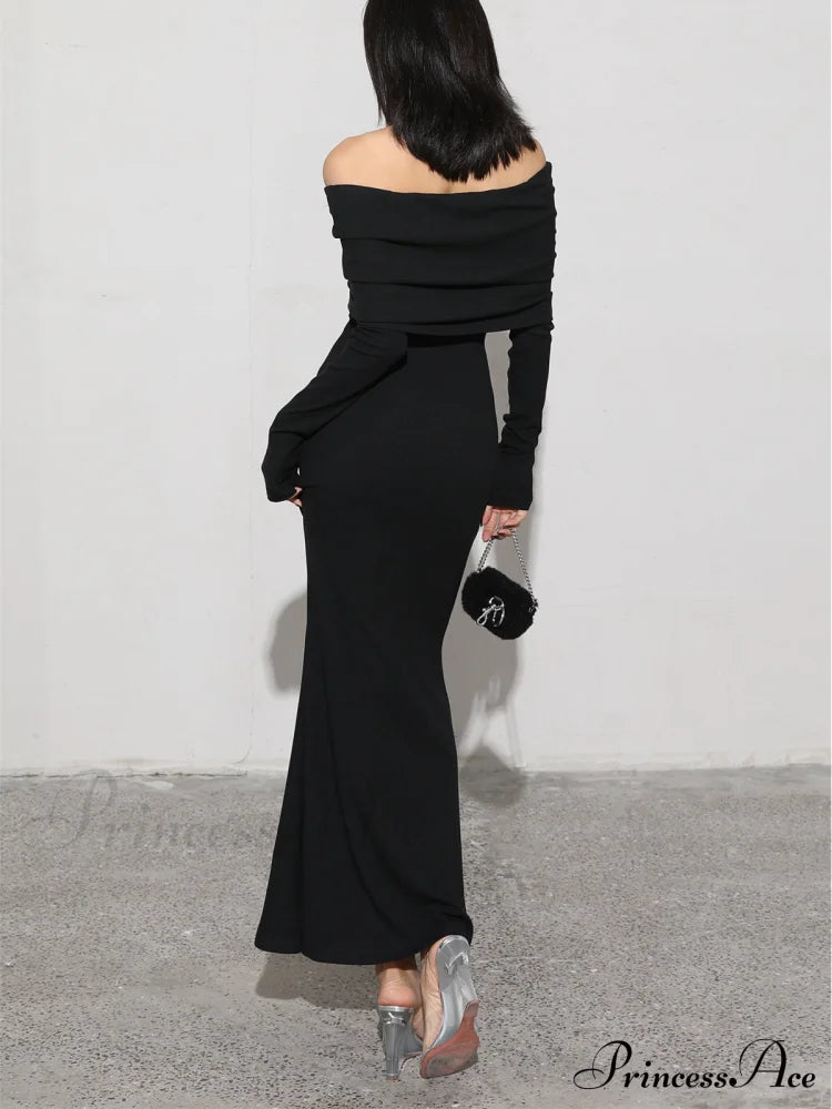 Charcoal Off Shoulder Overfold Modern Long Sleeve Long Dress image 7