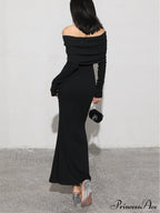 Charcoal Off Shoulder Overfold Modern Long Sleeve Long Dress image 7