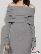 Charcoal Off Shoulder Overfold Modern Long Sleeve Long Dress image 4