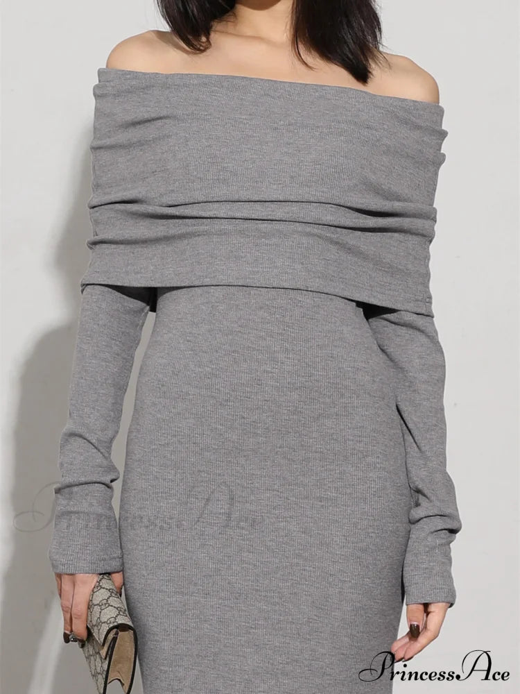 Charcoal Off Shoulder Overfold Modern Long Sleeve Long Dress image 4