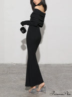 Charcoal Off Shoulder Overfold Modern Long Sleeve Long Dress image 6