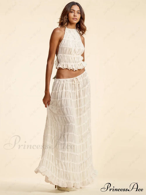 Charm Pleated Drawstring Charming Waist Tiered Maxi Skirt image 2