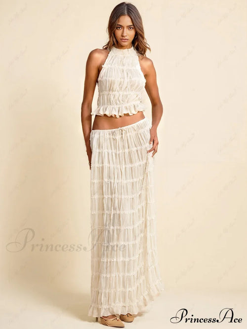 Charm Pleated Drawstring Charming Waist Tiered Maxi Skirt image 1