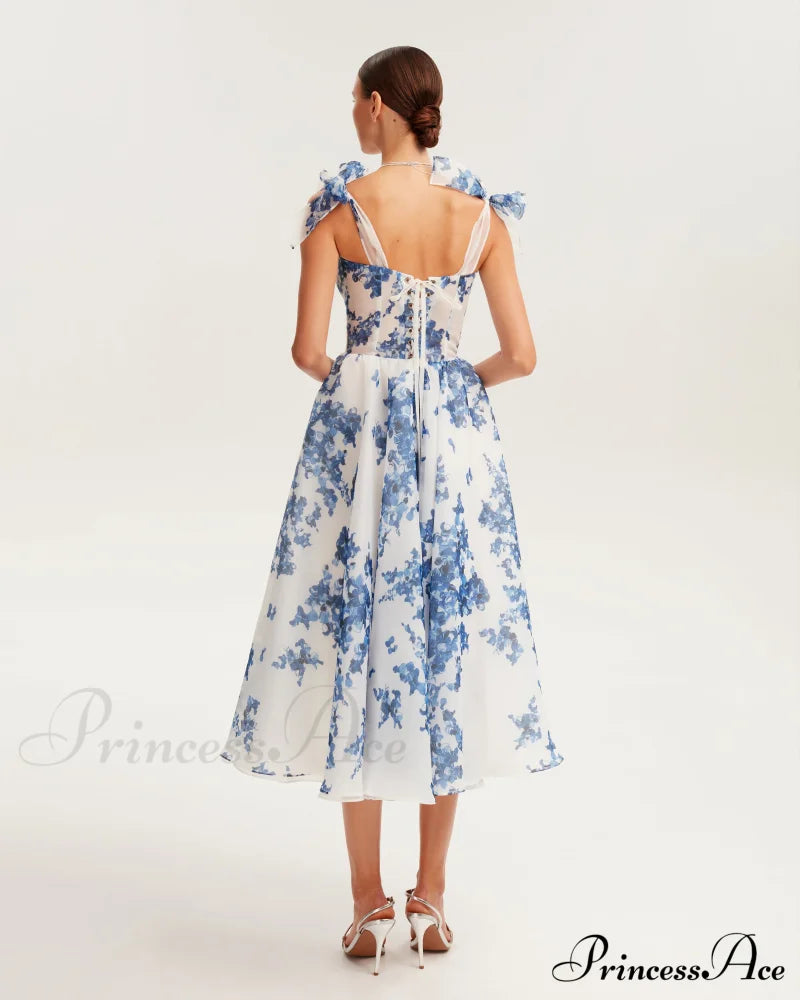 Charming Blue Hydrangea-Patterned Organza Graceful Midi Dress, Garden Of Eden image 4