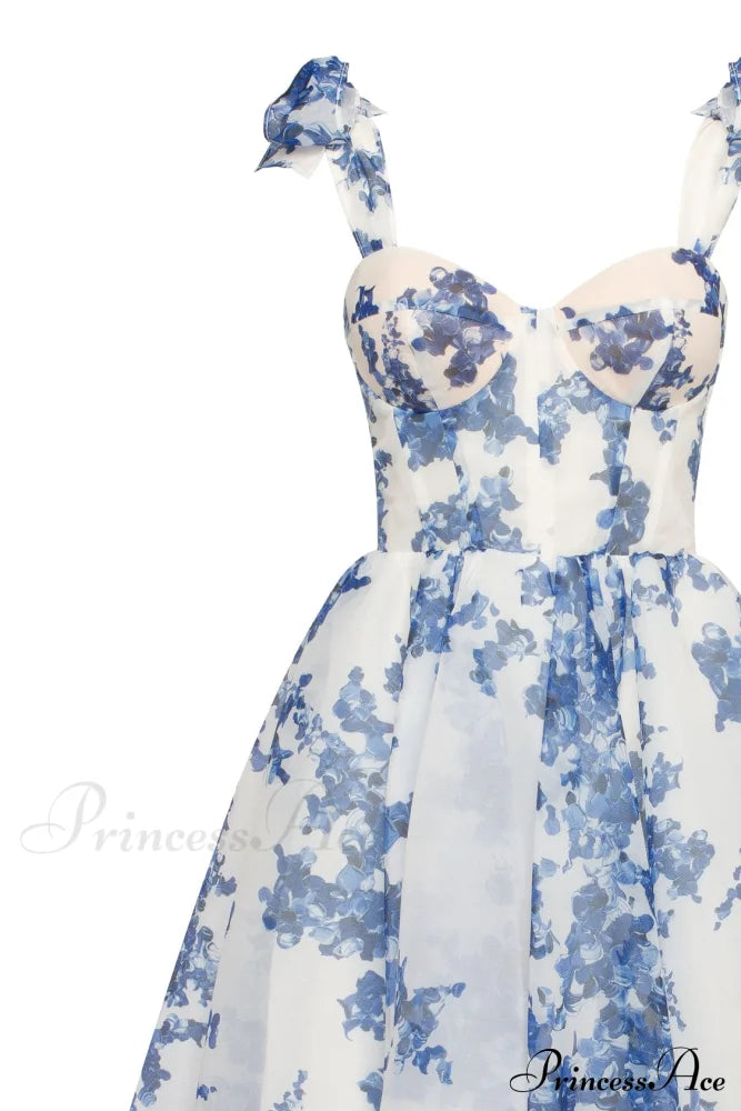 Charming Blue Hydrangea-Patterned Organza Graceful Midi Dress, Garden Of Eden image 5