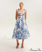 Charming Blue Hydrangea-Patterned Organza Graceful Midi Dress, Garden Of Eden image 2