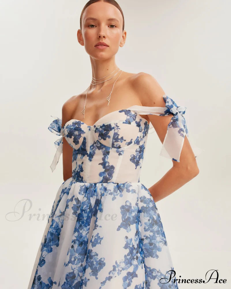 Charming Blue Hydrangea-Patterned Organza Graceful Midi Dress, Garden Of Eden image 6