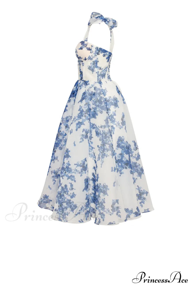 Charming Blue Hydrangea-Patterned Organza Graceful Midi Dress, Garden Of Eden image 7