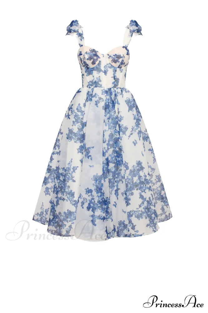 Charming Blue Hydrangea-Patterned Organza Graceful Midi Dress, Garden Of Eden image 1