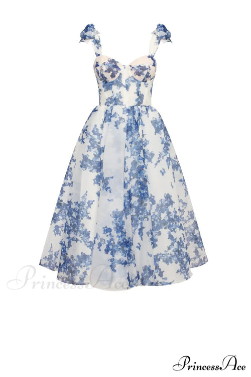 Charming Blue Hydrangea-Patterned Organza Graceful Midi Dress, Garden Of Eden image 1