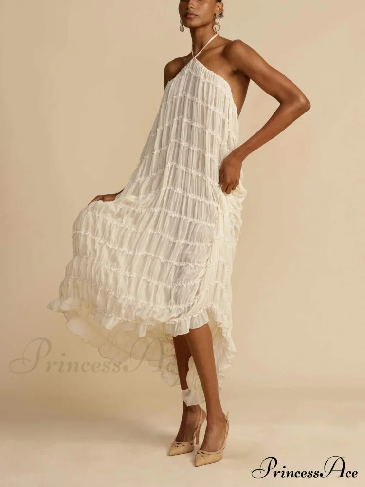 Charming Pleated Drawstring Waist Graceful Tiered Halterneck Midi Dress image 3