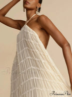 Charming Pleated Drawstring Waist Graceful Tiered Halterneck Midi Dress image 6