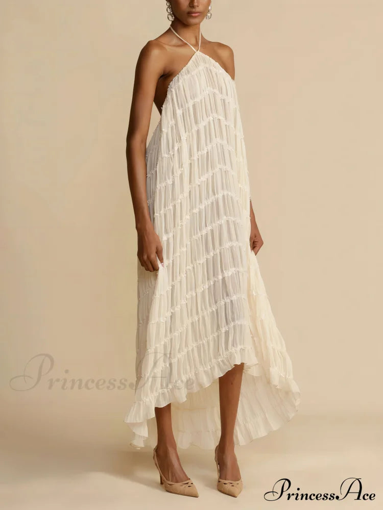 Charming Pleated Drawstring Waist Graceful Tiered Halterneck Midi Dress image 2