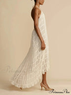 Charming Pleated Drawstring Waist Graceful Tiered Halterneck Midi Dress image 4