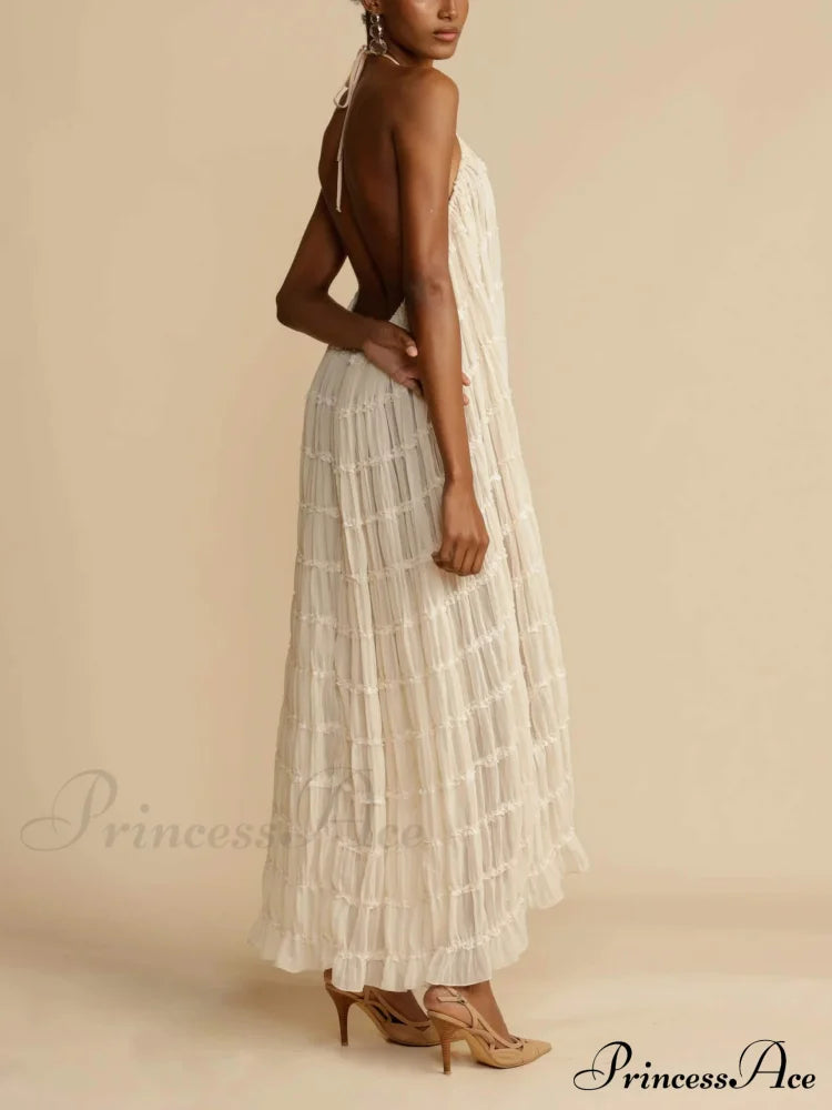 Charming Pleated Drawstring Waist Graceful Tiered Halterneck Midi Dress image 5
