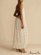Charming Pleated Drawstring Waist Graceful Tiered Halterneck Midi Dress image 5