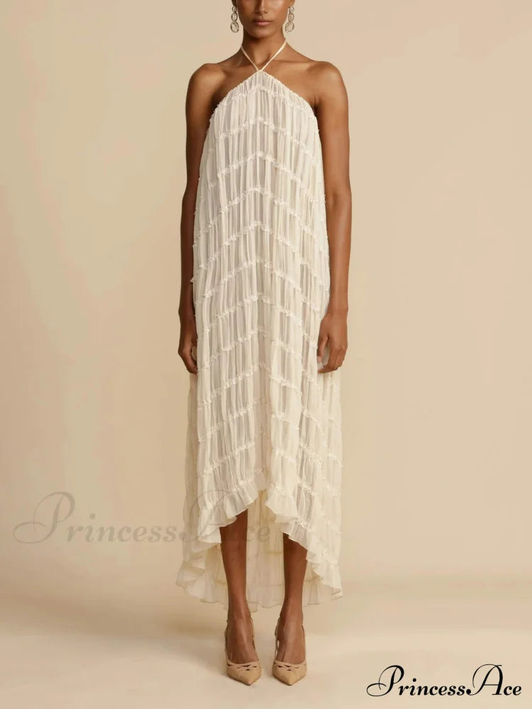 Charming Pleated Drawstring Waist Graceful Tiered Halterneck Midi Dress image 1