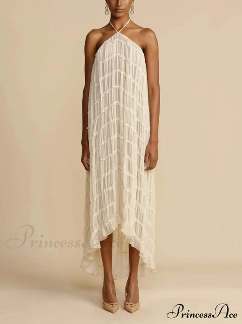 Charming Pleated Drawstring Waist Graceful Tiered Halterneck Midi Dress image 1