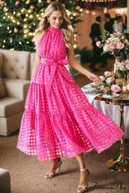 Check Halter Neck Charming Tie Waist Maxi Dress image 3