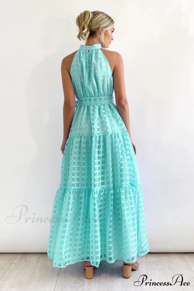 Check Halter Neck Charming Tie Waist Maxi Dress image 15