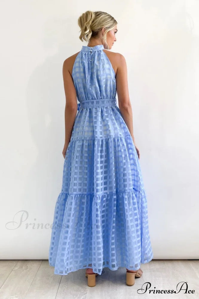 Check Halter Neck Charming Tie Waist Maxi Dress image 6
