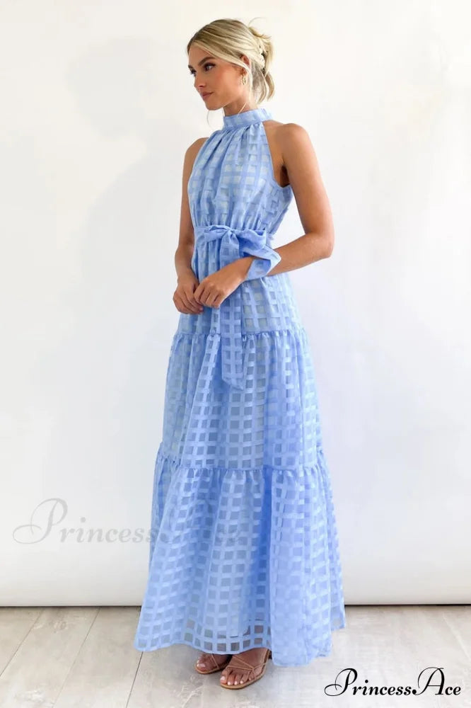 Check Halter Neck Charming Tie Waist Maxi Dress image 5