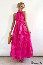 Check Halter Neck Charming Tie Waist Maxi Dress image 19