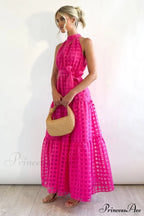 Check Halter Neck Charming Tie Waist Maxi Dress image 21