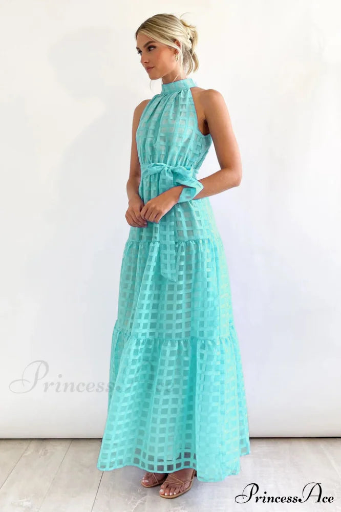 Check Halter Neck Charming Tie Waist Maxi Dress image 14