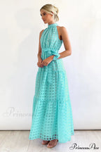 Check Halter Neck Charming Tie Waist Maxi Dress image 14
