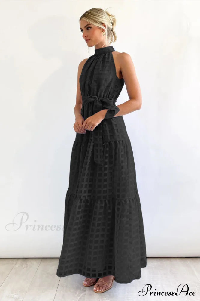 Check Halter Neck Charming Tie Waist Maxi Dress image 17