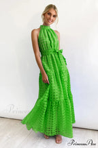 Check Halter Neck Charming Tie Waist Maxi Dress image 8