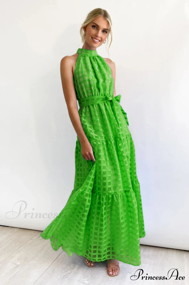 Check Halter Neck Charming Tie Waist Maxi Dress image 8