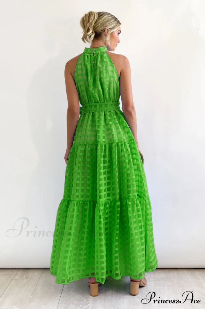 Check Halter Neck Charming Tie Waist Maxi Dress image 9