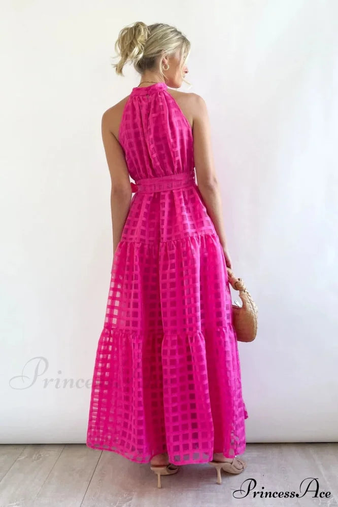 Check Halter Neck Charming Tie Waist Maxi Dress image 22