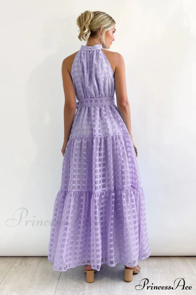Check Halter Neck Charming Tie Waist Maxi Dress image 12