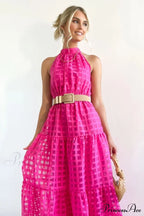 Check Halter Neck Charming Tie Waist Maxi Dress image 20