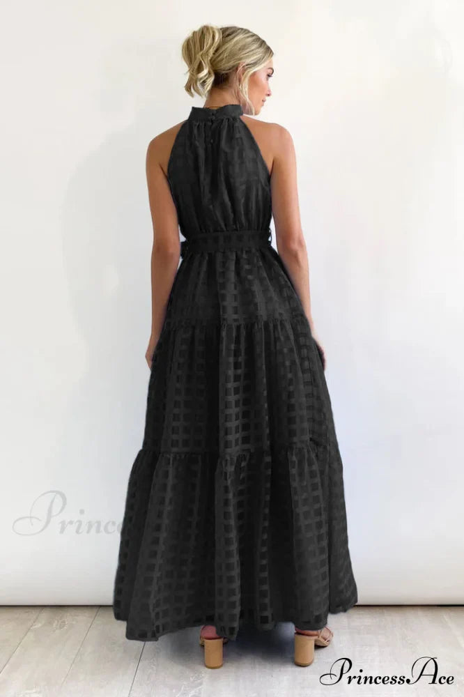 Check Halter Neck Charming Tie Waist Maxi Dress image 18