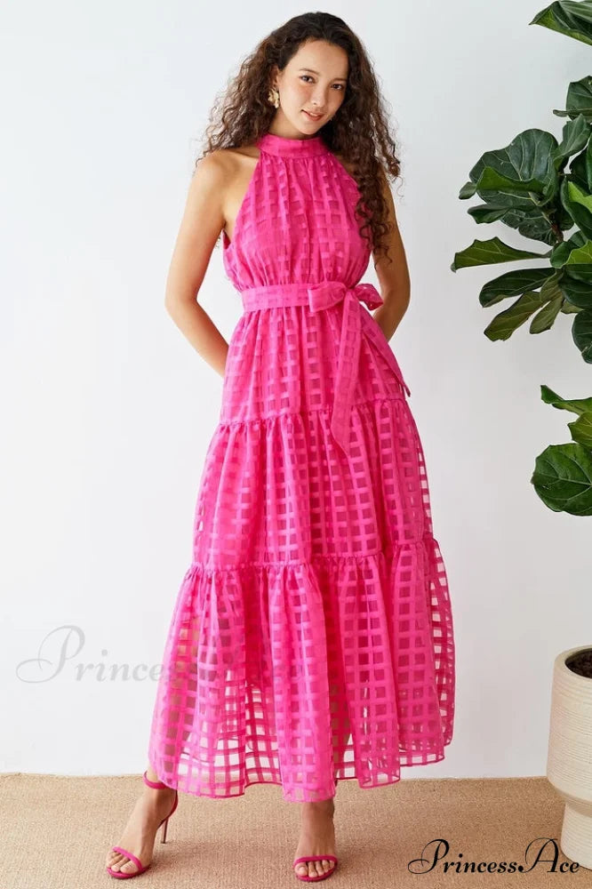 Check Halter Neck Charming Tie Waist Maxi Dress image 1