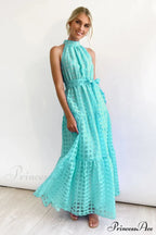 Check Halter Neck Charming Tie Waist Maxi Dress image 13